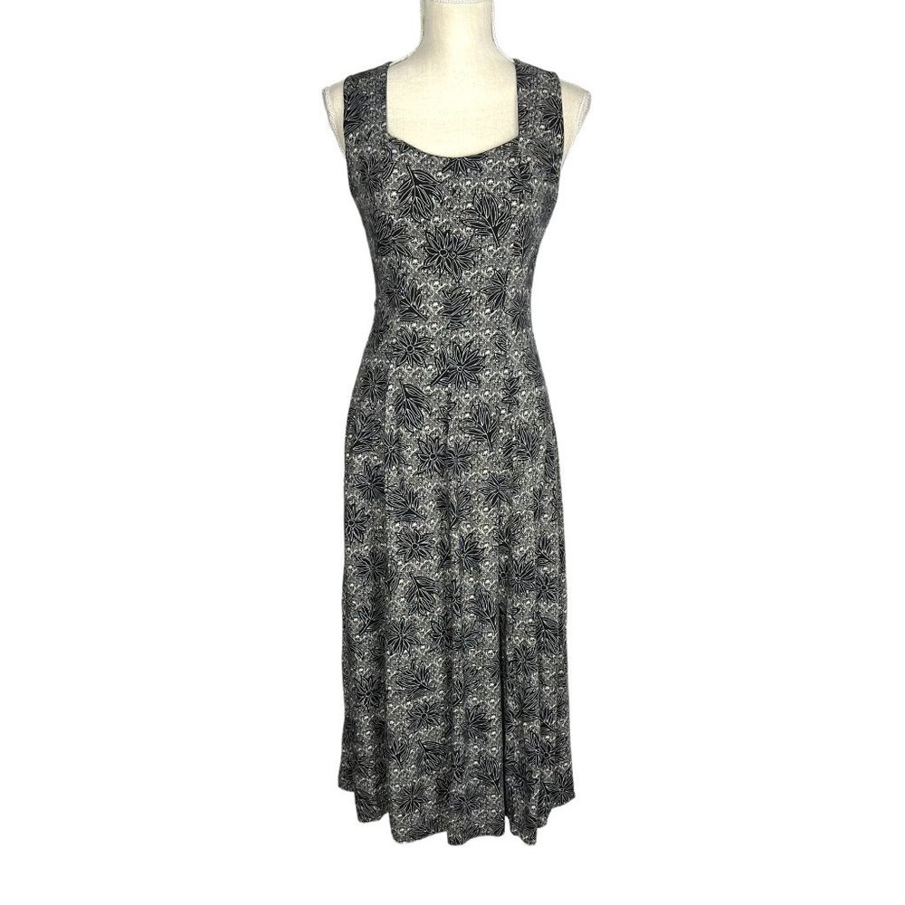 Vintage 90s Black Cream Print Sleeveless Crisscross Back Full Length Dress 8